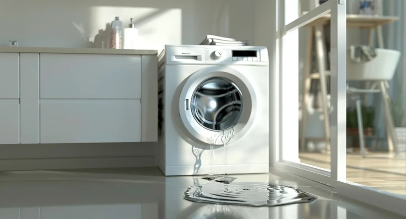 Close-up of fixing a leaking washing machine faucet using a wrench on the water inlet connection
