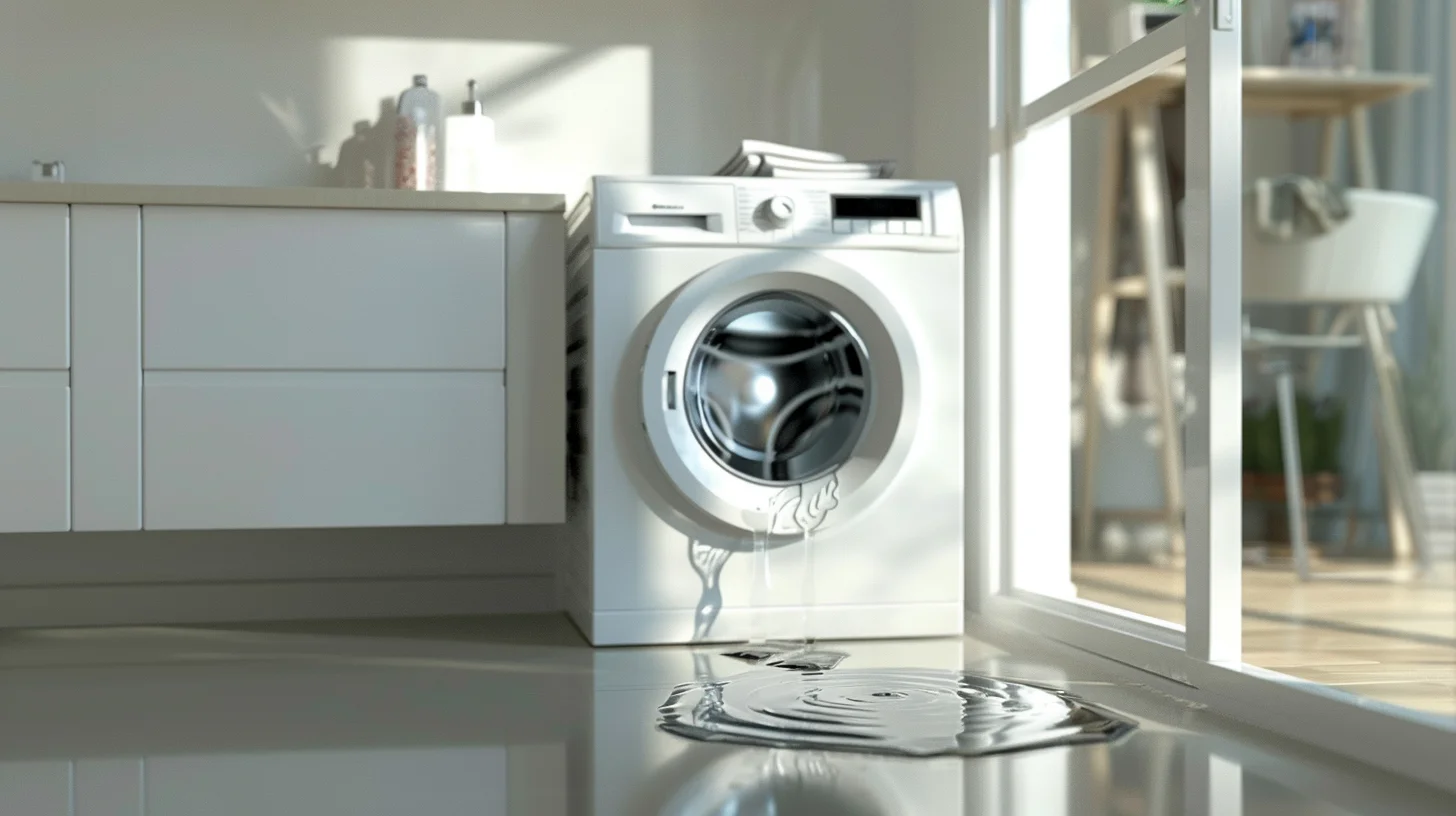 Close-up of fixing a leaking washing machine faucet using a wrench on the water inlet connection