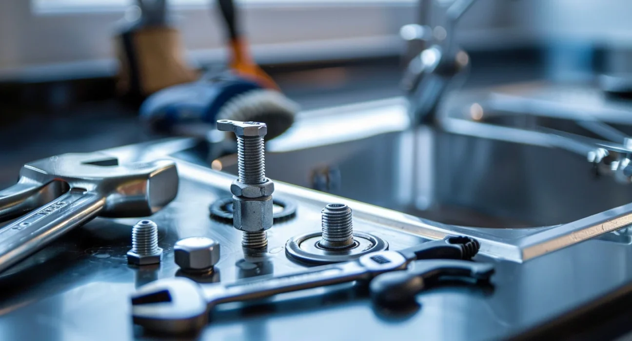 Close-up of changing a faucet washer with tools and faucet parts on a sink