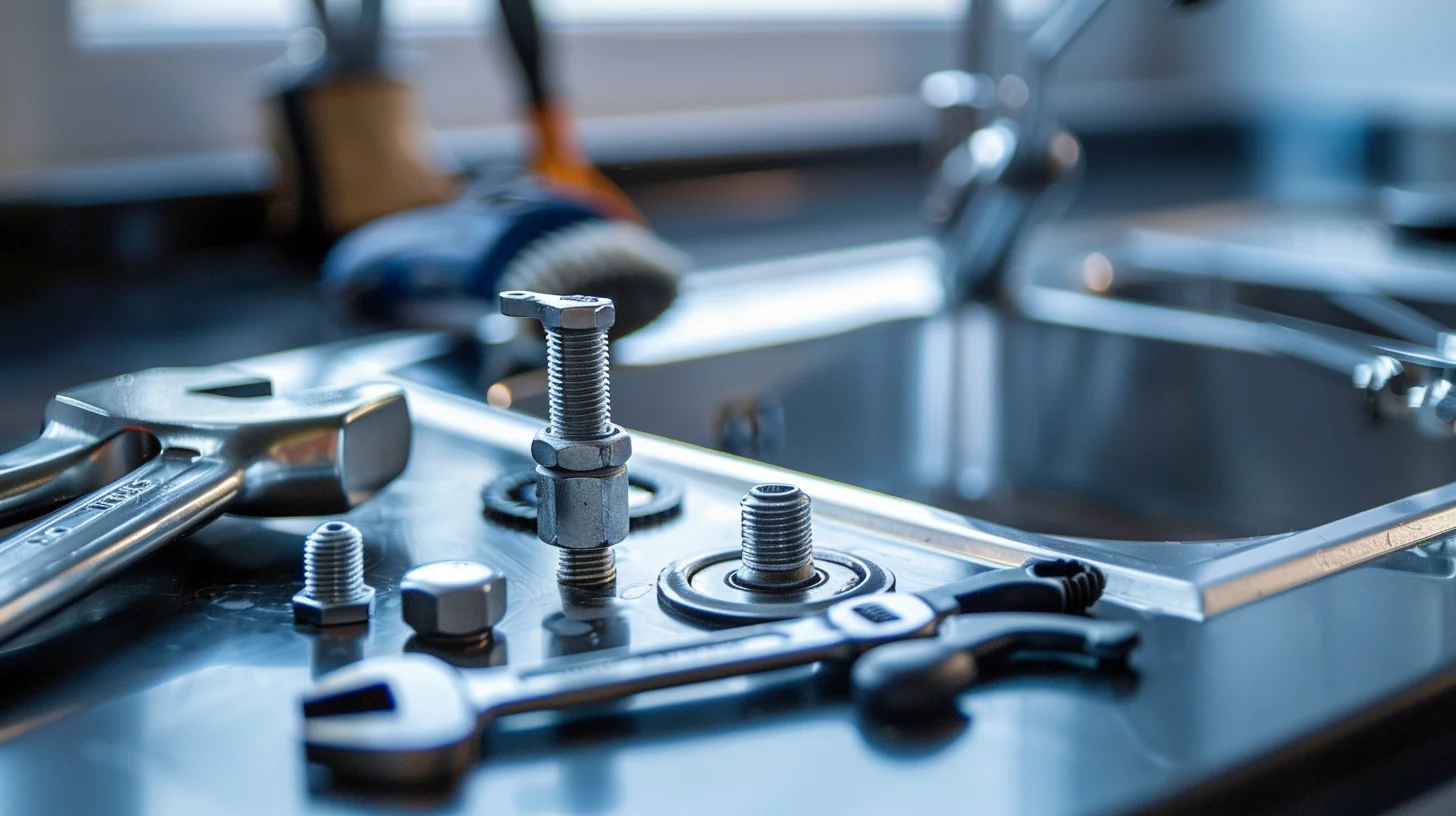 Close-up of changing a faucet washer with tools and faucet parts on a sink
