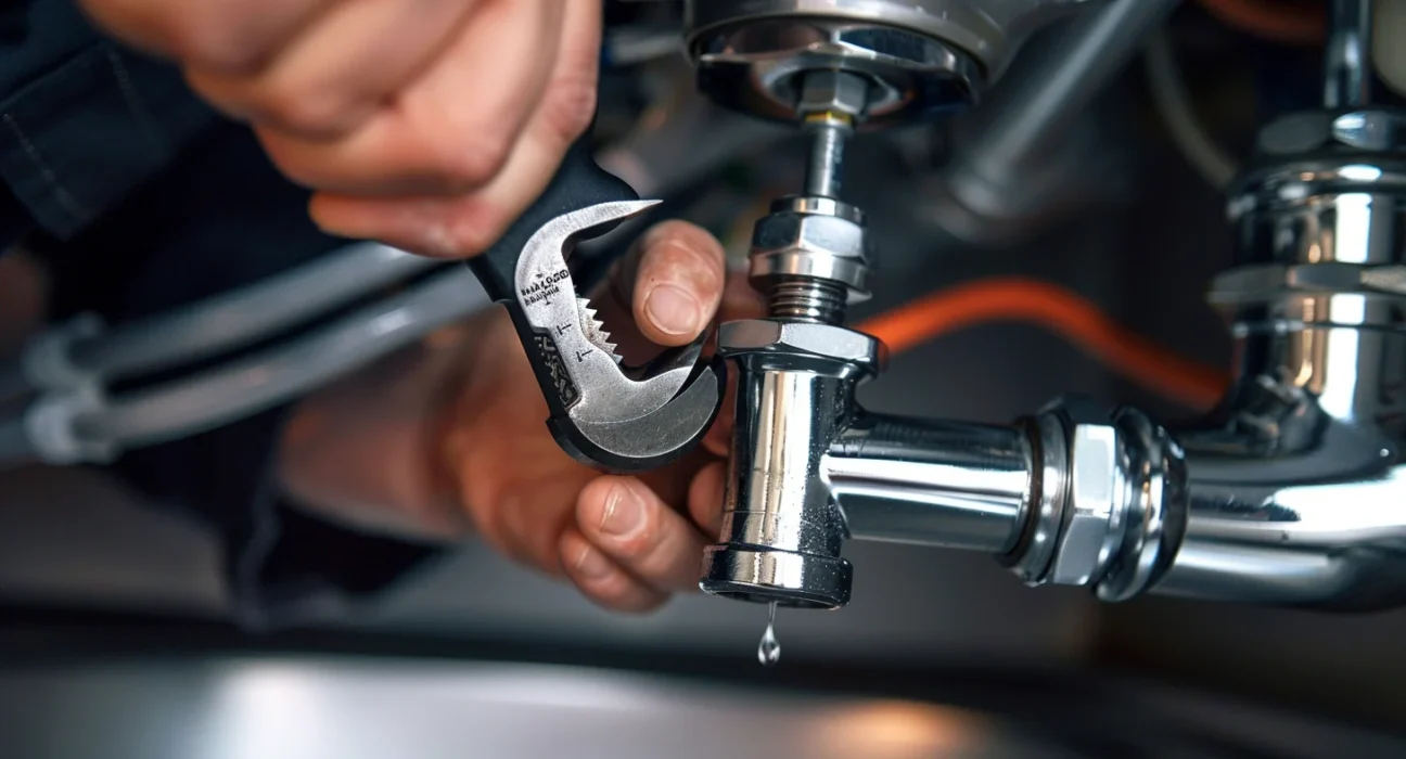Using a basin wrench under the sink to remove a bathroom faucet mounting nut
