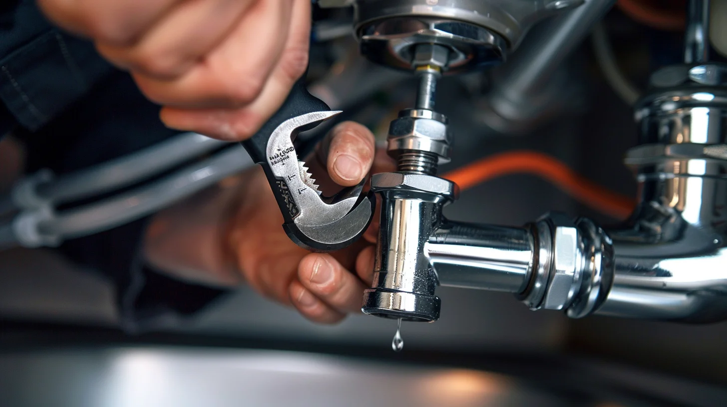 Using a basin wrench under the sink to remove a bathroom faucet mounting nut