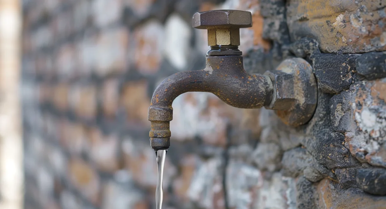 Leaky outdoor faucet dripping water from a hose bib on an exterior wall