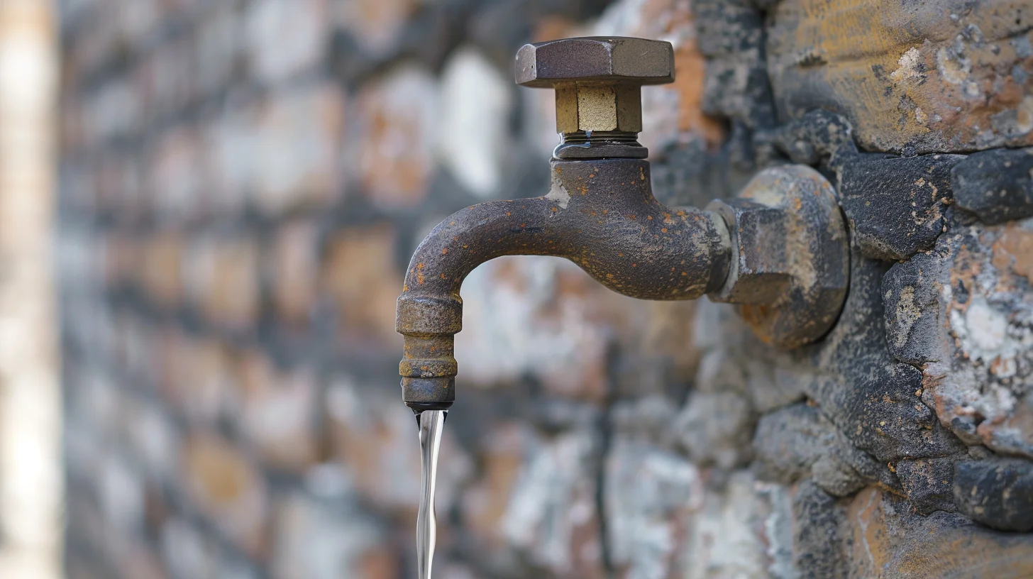 Leaky outdoor faucet dripping water from a hose bib on an exterior wall