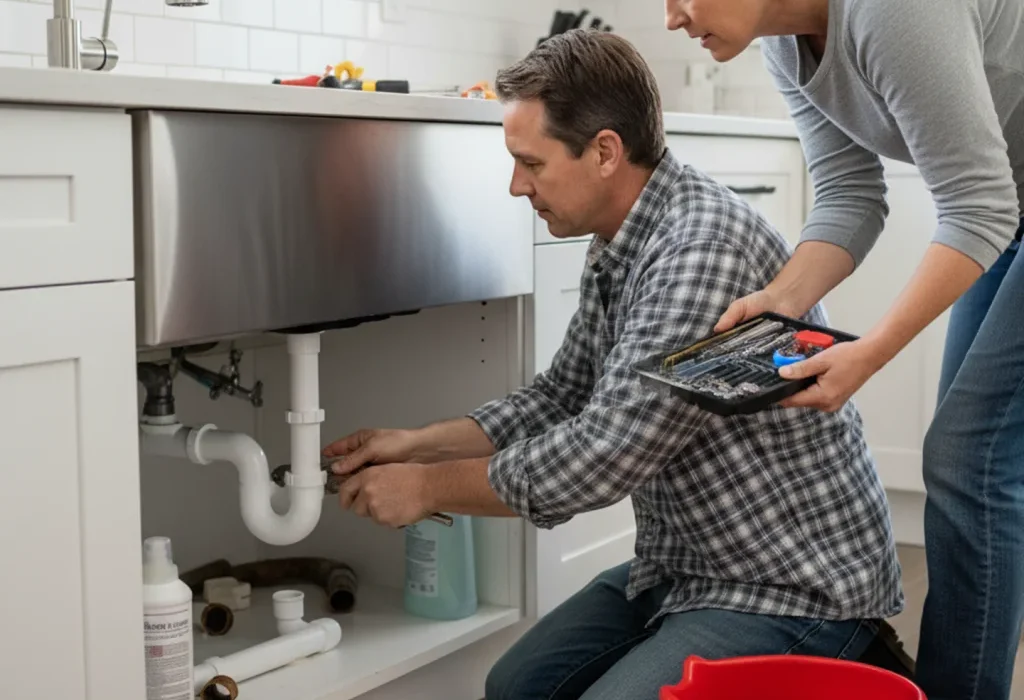 Home owner replacing Drain pipes Under Kitchen Sink