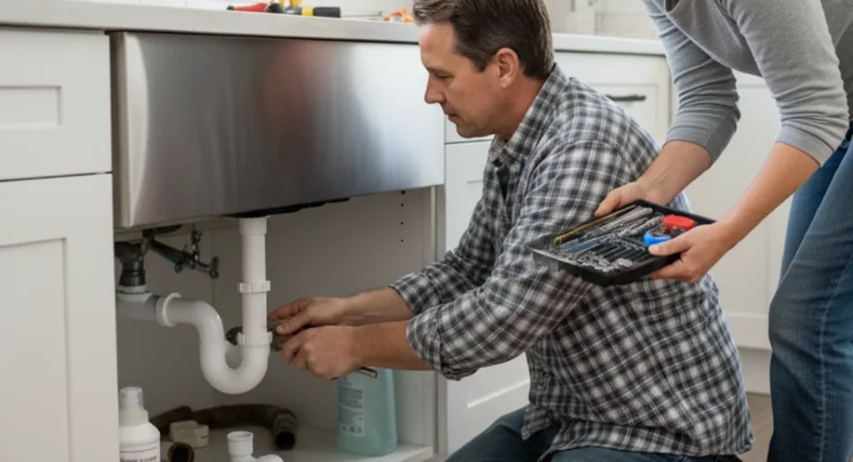 Home owner replacing Drain pipes Under Kitchen Sink