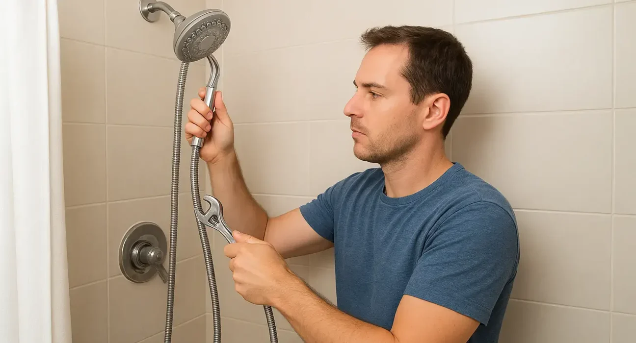 Homeowner fixing low water pressure in bathroom shower using wrench