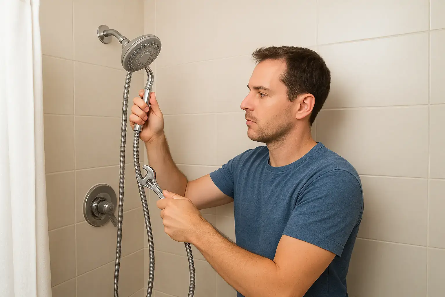 Homeowner fixing low water pressure in bathroom shower using wrench