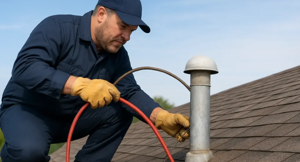 Clearing a blocked vent pipe on a rooftop using a drain snake