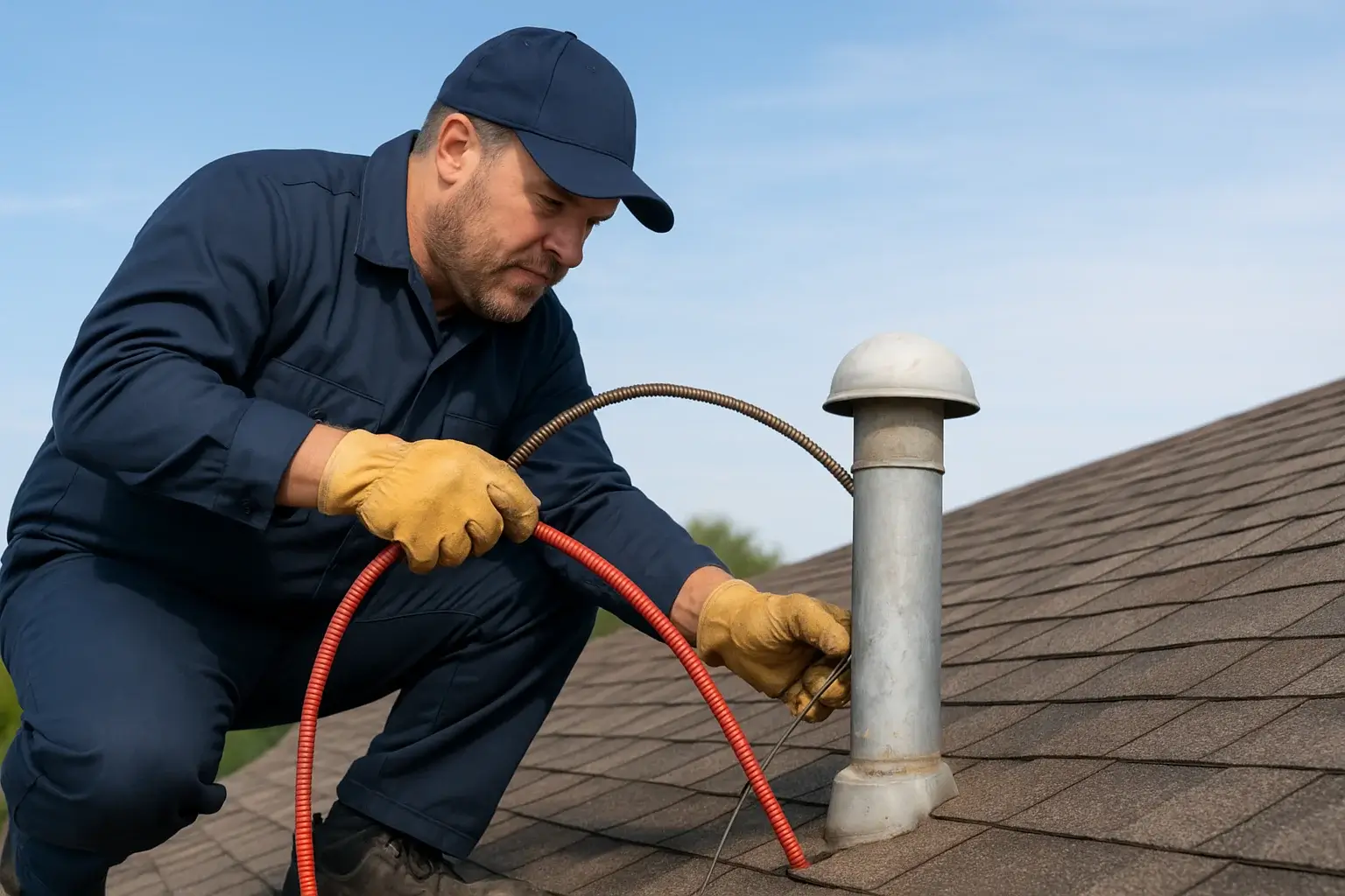 Clearing a blocked vent pipe on a rooftop using a drain snake