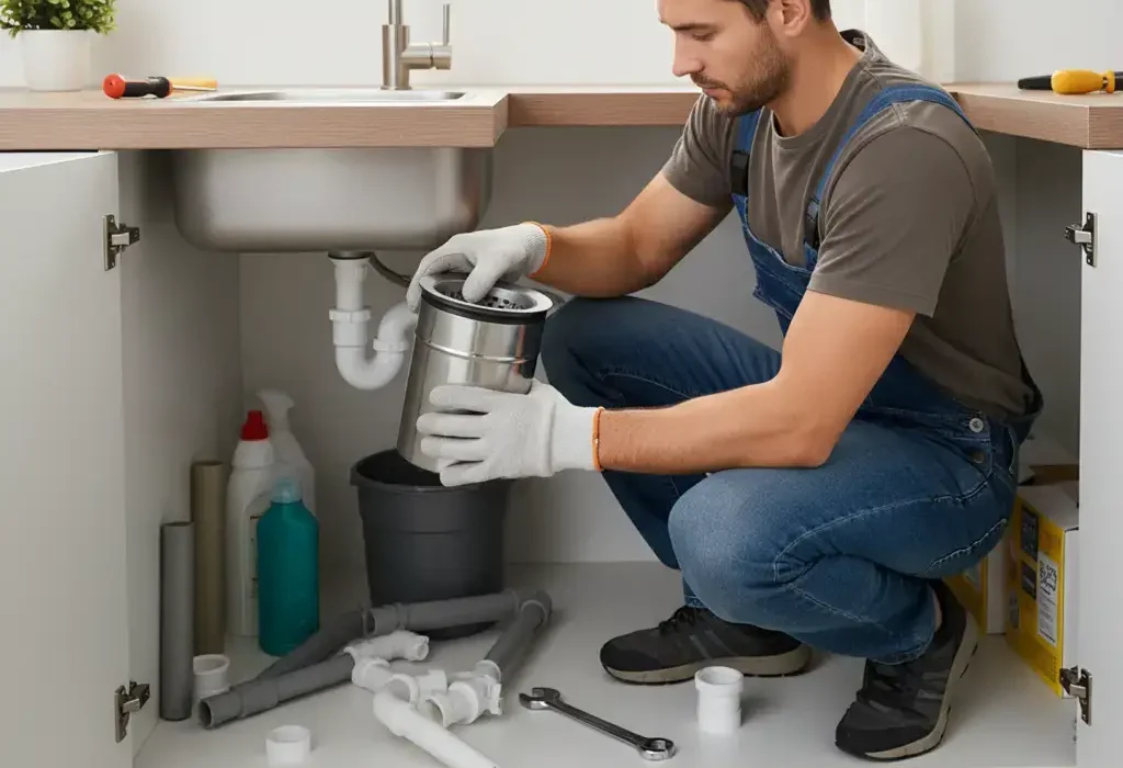 homeowner replacing drain pipes under a kitchen sink with a garbage disposal