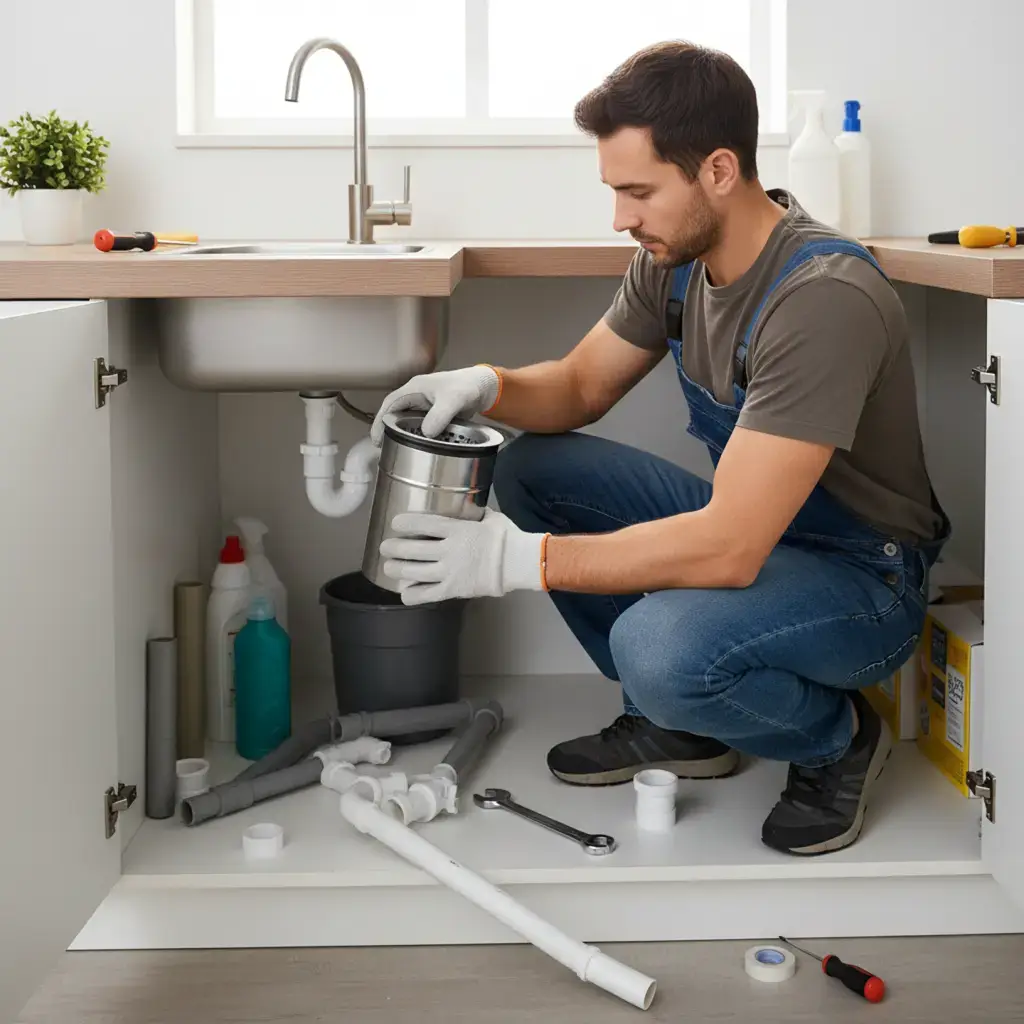 homeowner replacing drain pipes under a kitchen sink with a garbage disposal