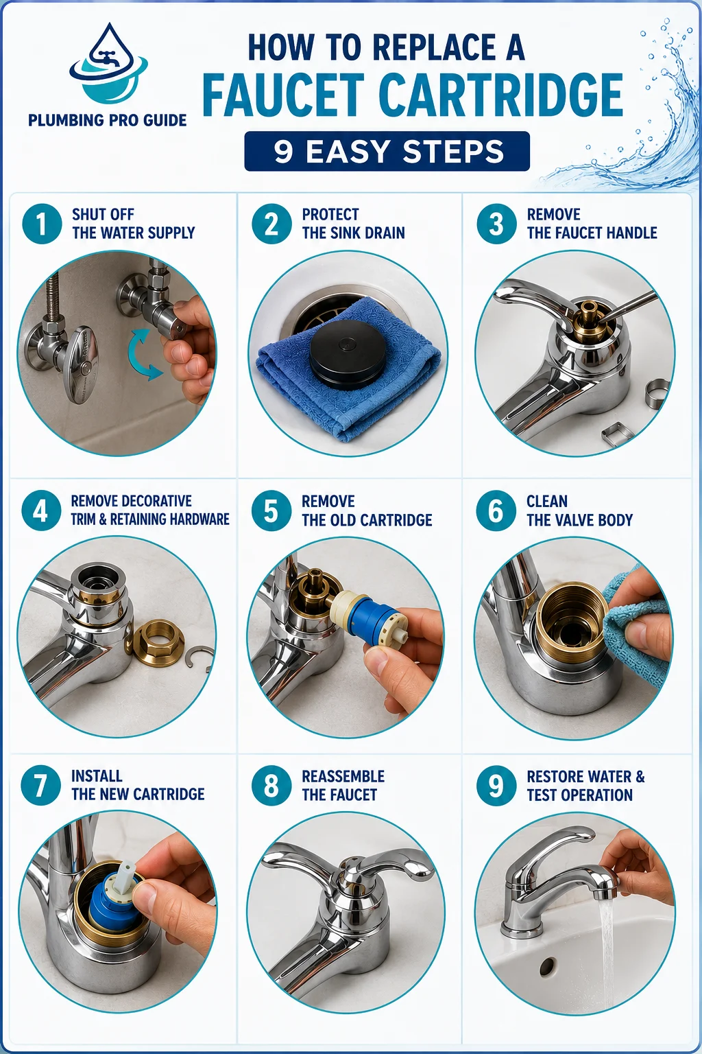 Step-by-step infographic showing how to replace a faucet cartridge, including shutting off the water, removing the handle, replacing the cartridge, and testing the faucet.
