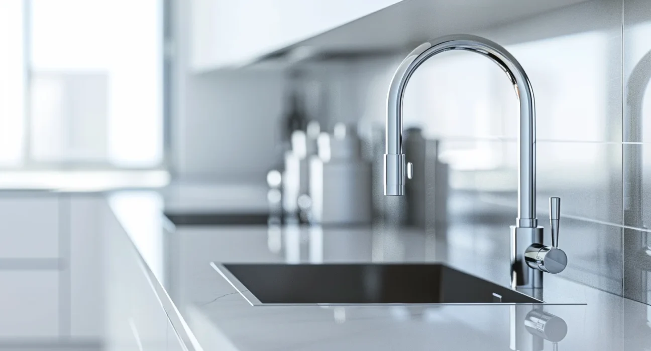 Side by side comparison of pull down and pull out kitchen faucets in a modern kitchen