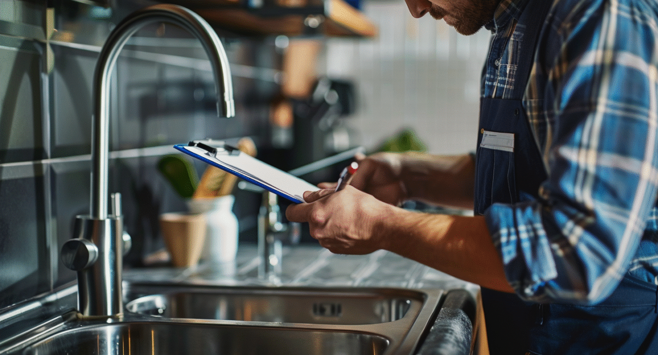 Home plumbing inspection under sink checking pipes and faucets