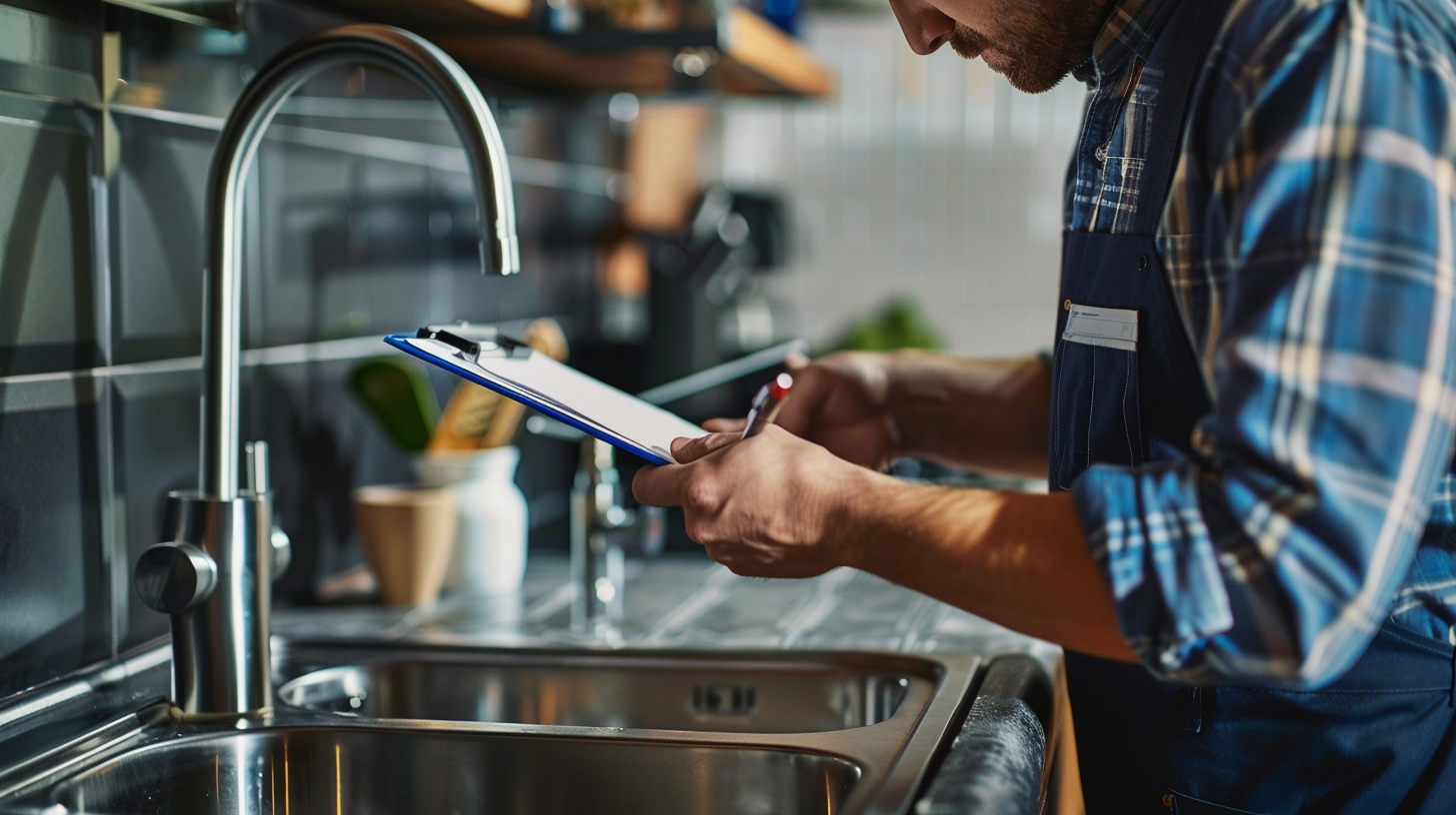 Home plumbing inspection under sink checking pipes and faucets