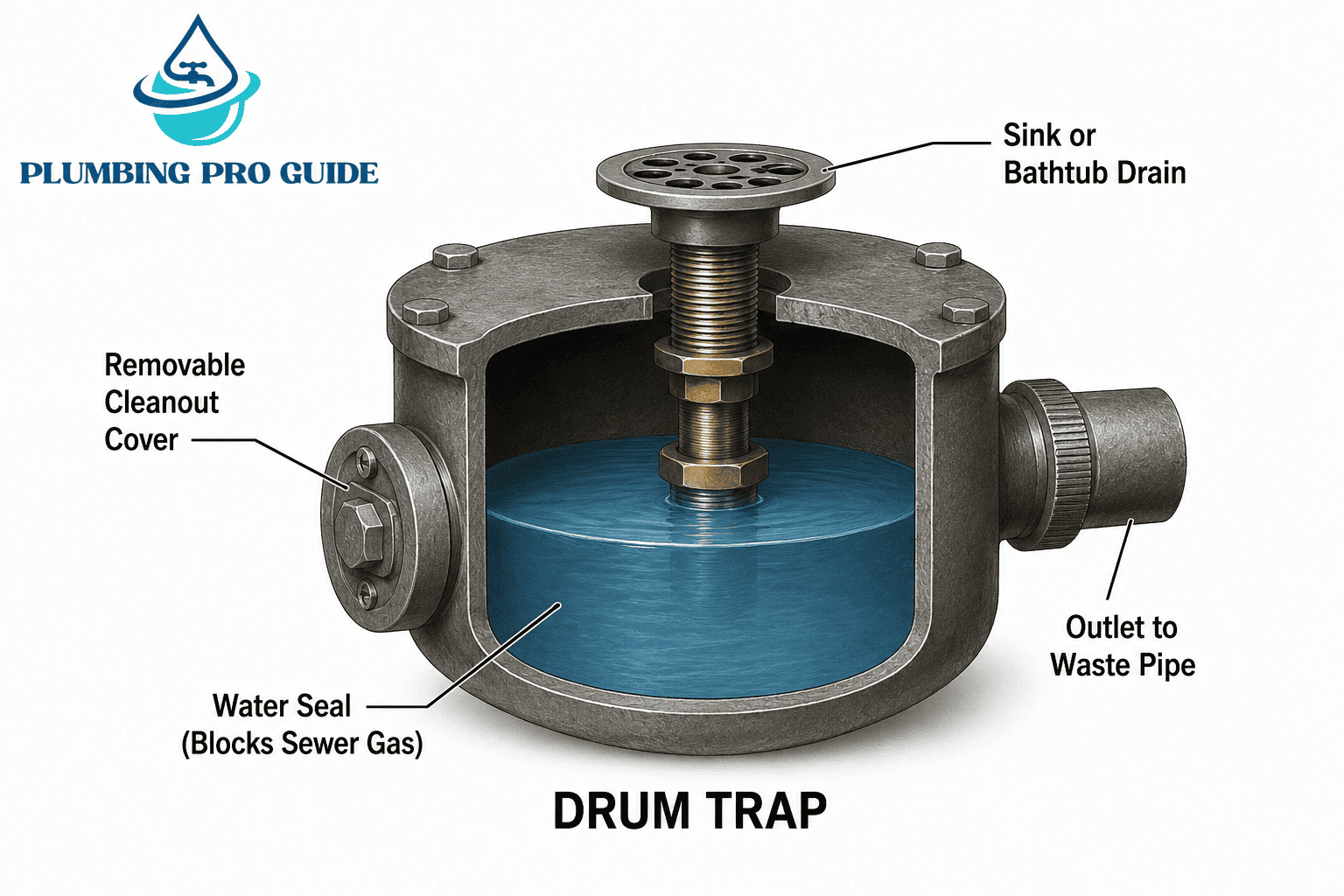 Labeled cutaway diagram of a drum trap in plumbing showing the water seal, removable cleanout cover, sink drain connection, and outlet to waste pipe.