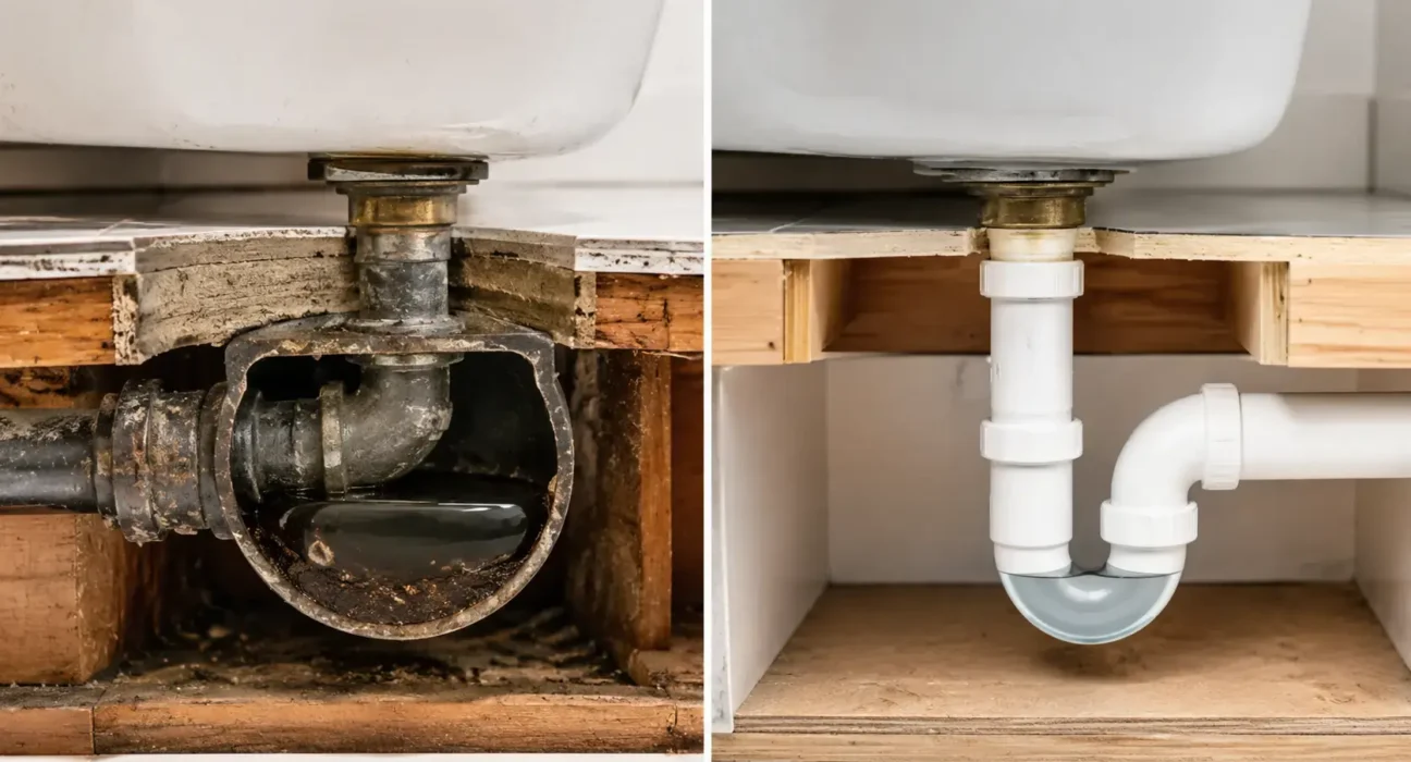 Old drum trap plumbing system compared with a modern PVC P-trap installation beneath a residential bathtub drain.