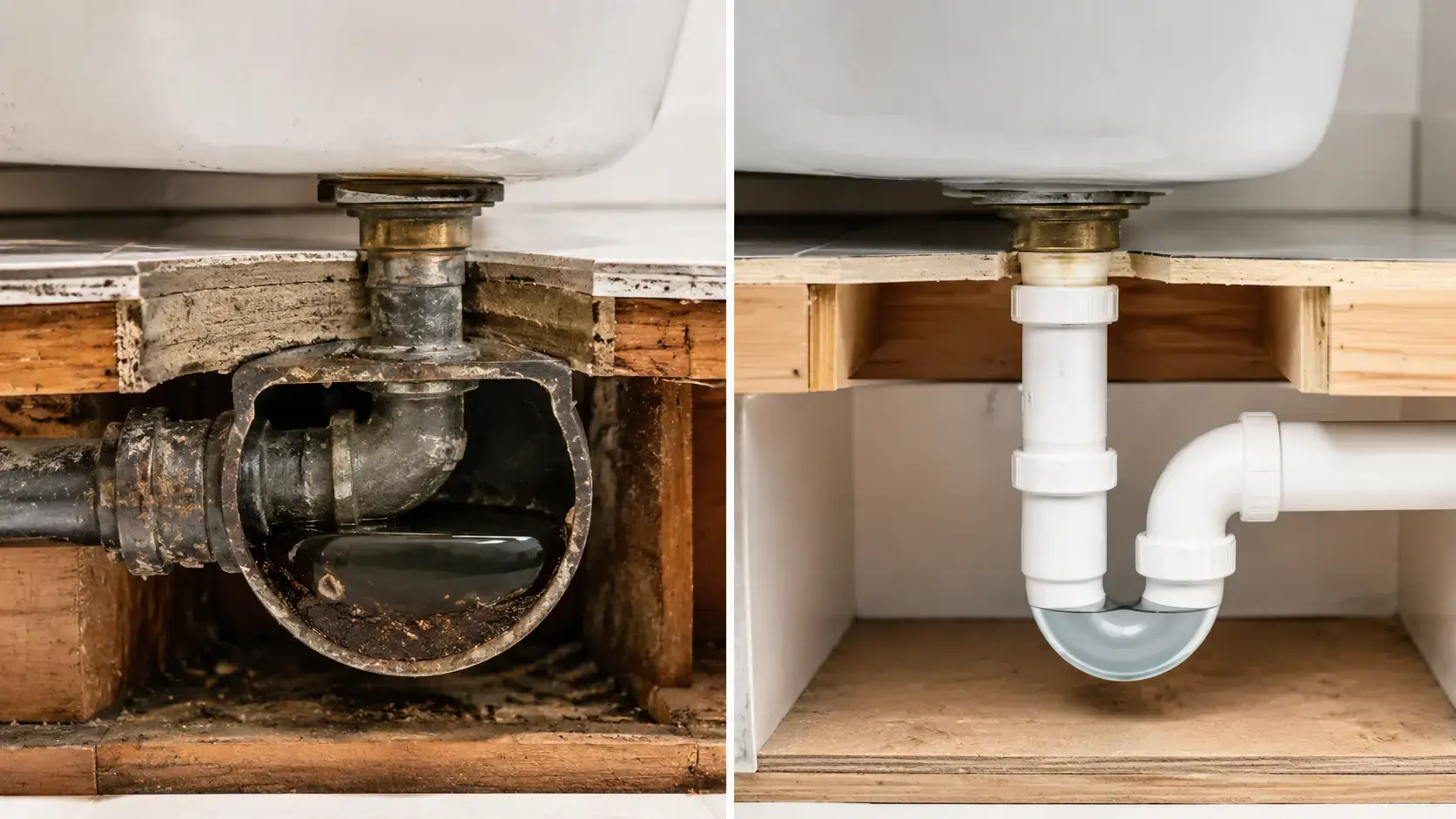 Old drum trap plumbing system compared with a modern PVC P-trap installation beneath a residential bathtub drain.