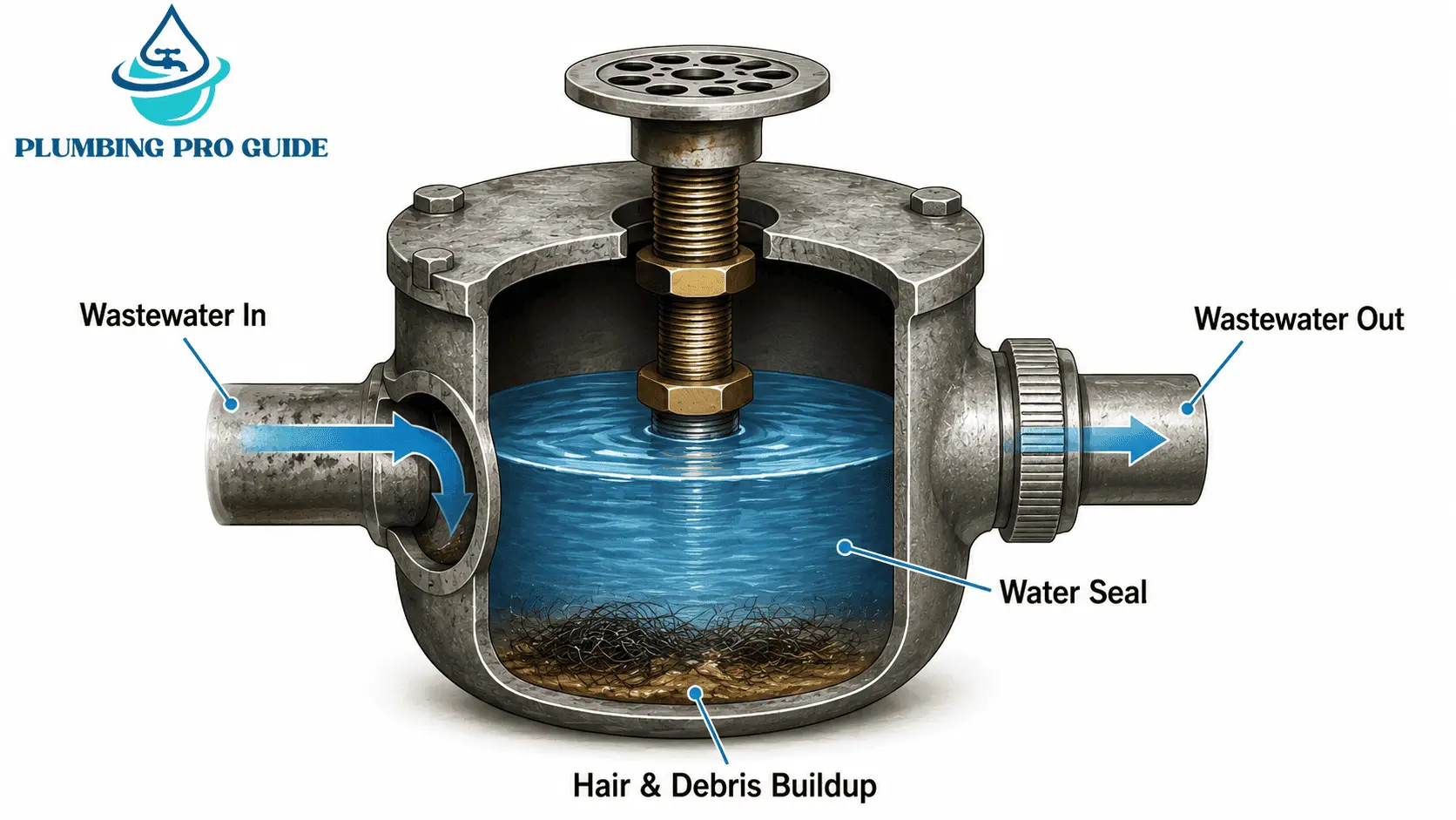 Cutaway diagram of a drum trap showing wastewater entering the chamber, water seal inside the trap, debris buildup at the bottom, and wastewater exiting through the outlet pipe.