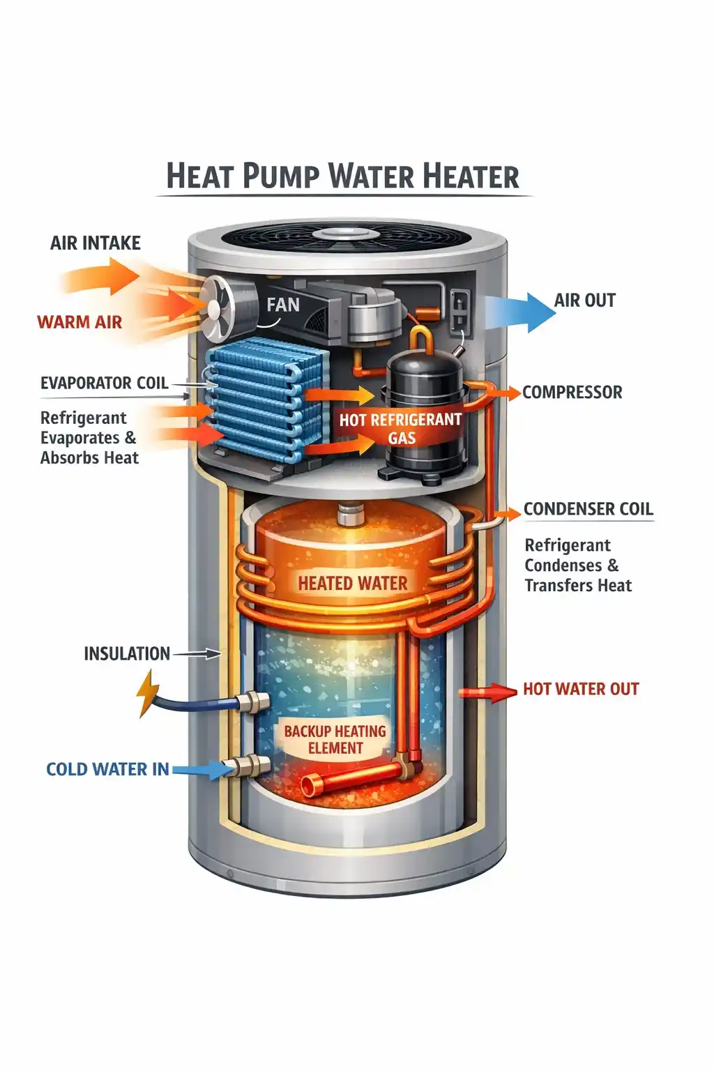 Diagram of a heat pump water heater showing air intake, fan, evaporator coil absorbing heat, compressor, condenser coil heating water, insulated tank, cold water inlet, hot water outlet, and backup heating element.