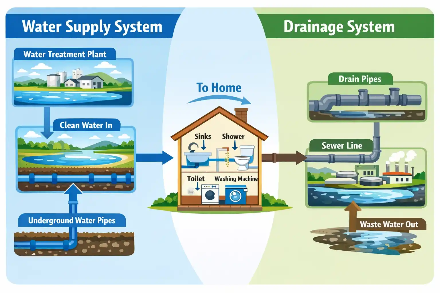 Diagram of a home water supply and drainage system showing treated clean water flowing from a water treatment plant through underground pipes into a house (sinks, shower, toilet, washing machine) and wastewater draining out through sewer lines and drain pipes.