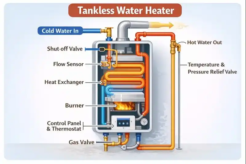 Diagram of a tankless water heater showing cold water inlet, shut-off valve, flow sensor, heat exchanger, gas burner, control panel and thermostat, gas valve, temperature and pressure relief valve, and hot water outlet.