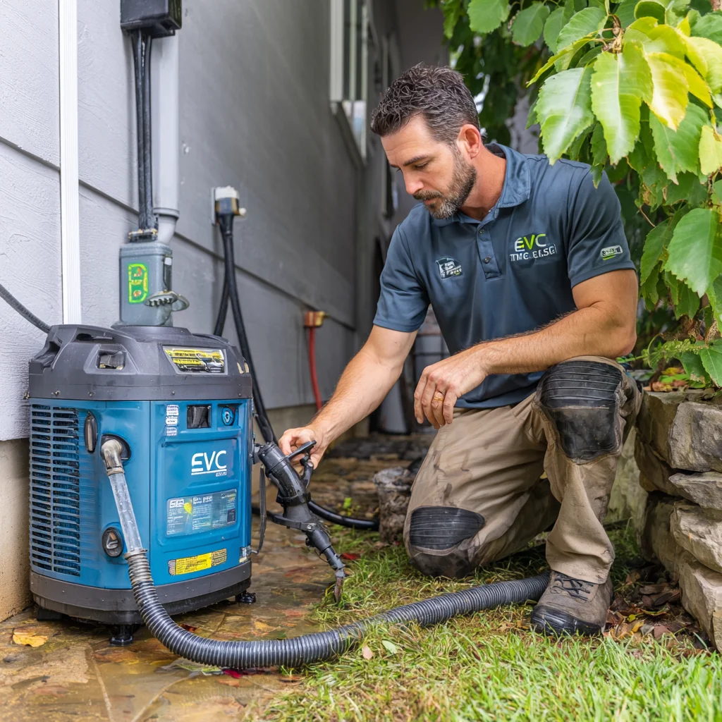 Clogged AC condensate drain line being cleaned with a wet dry vacuum