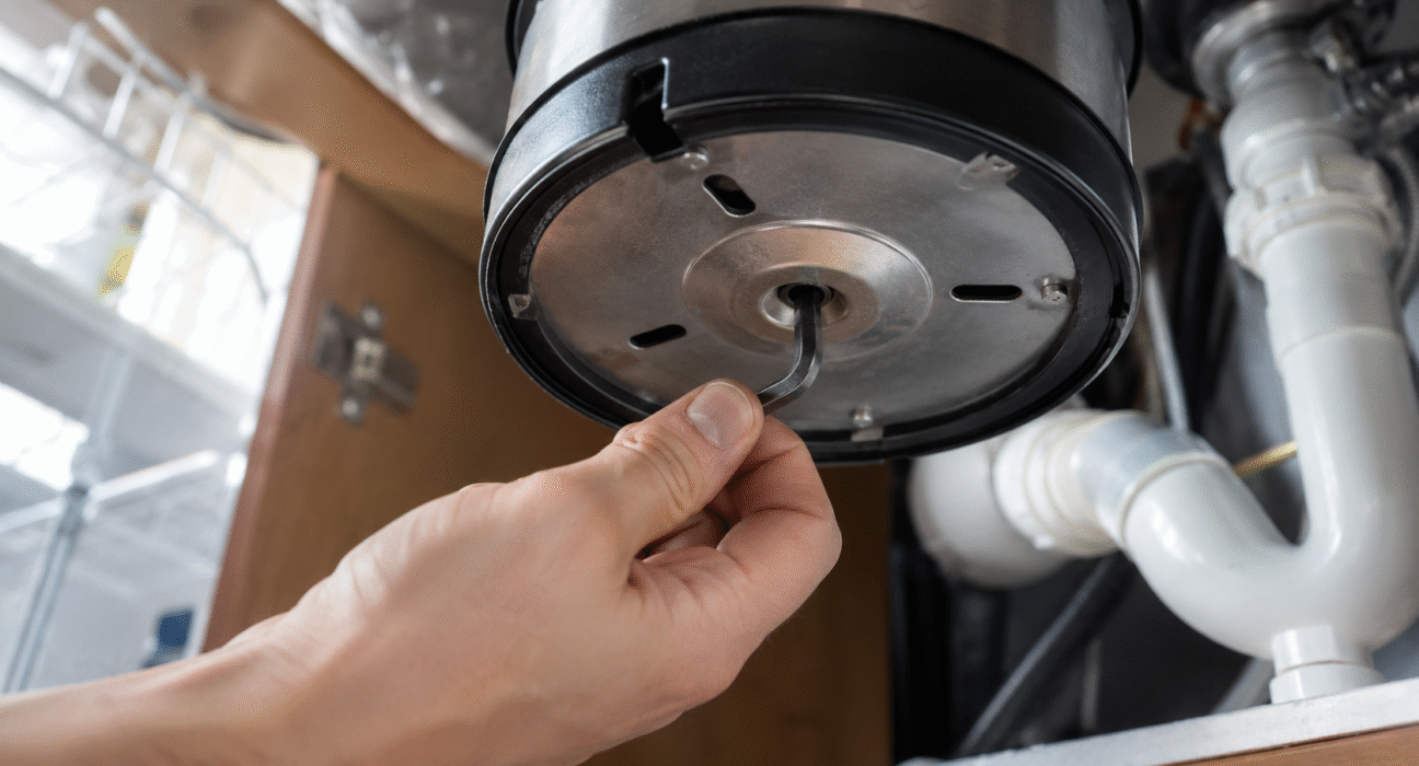 Inserting an Allen wrench into the hex slot to unjam a garbage disposal humming but not spinning