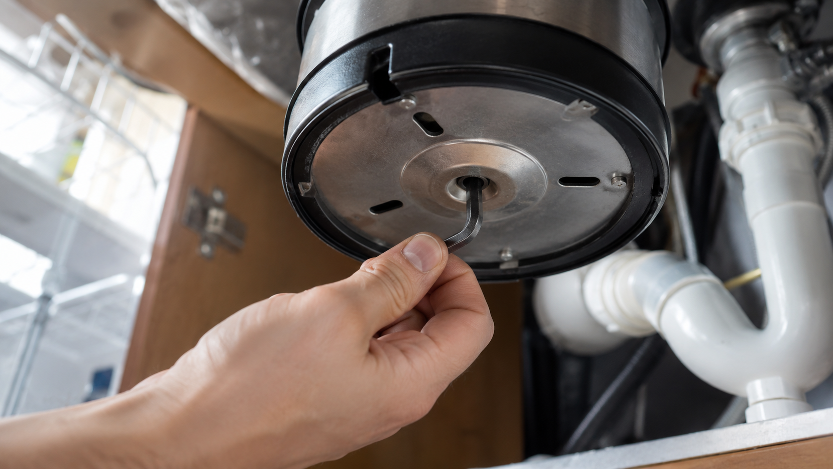 Inserting an Allen wrench into the hex slot to unjam a garbage disposal humming but not spinning