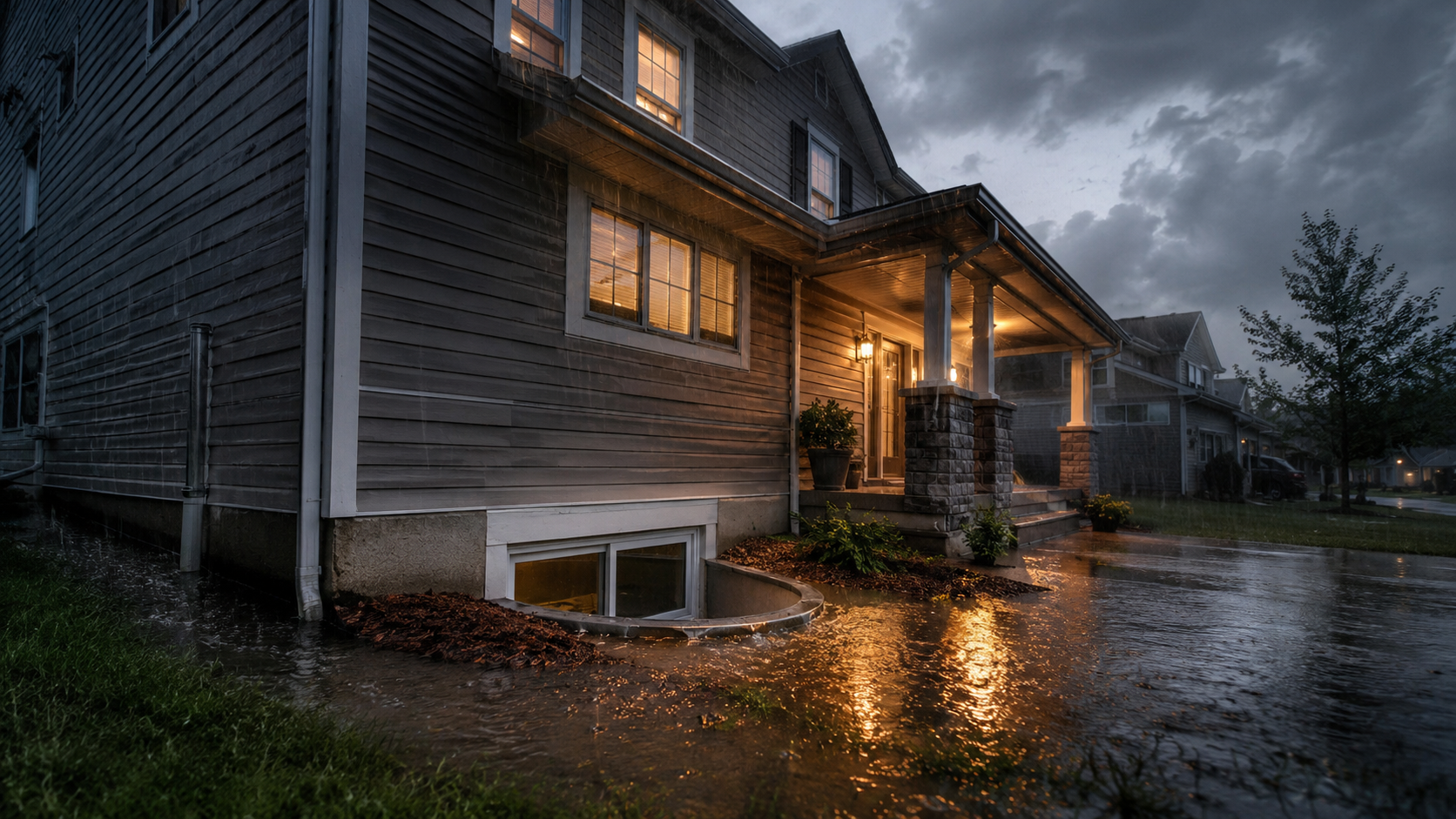 Heavy rain pooling around a suburban home's foundation, illustrating sewer backup after rain risk