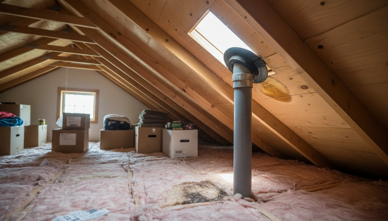 Attic water stain near plumbing vent pipe after rain
