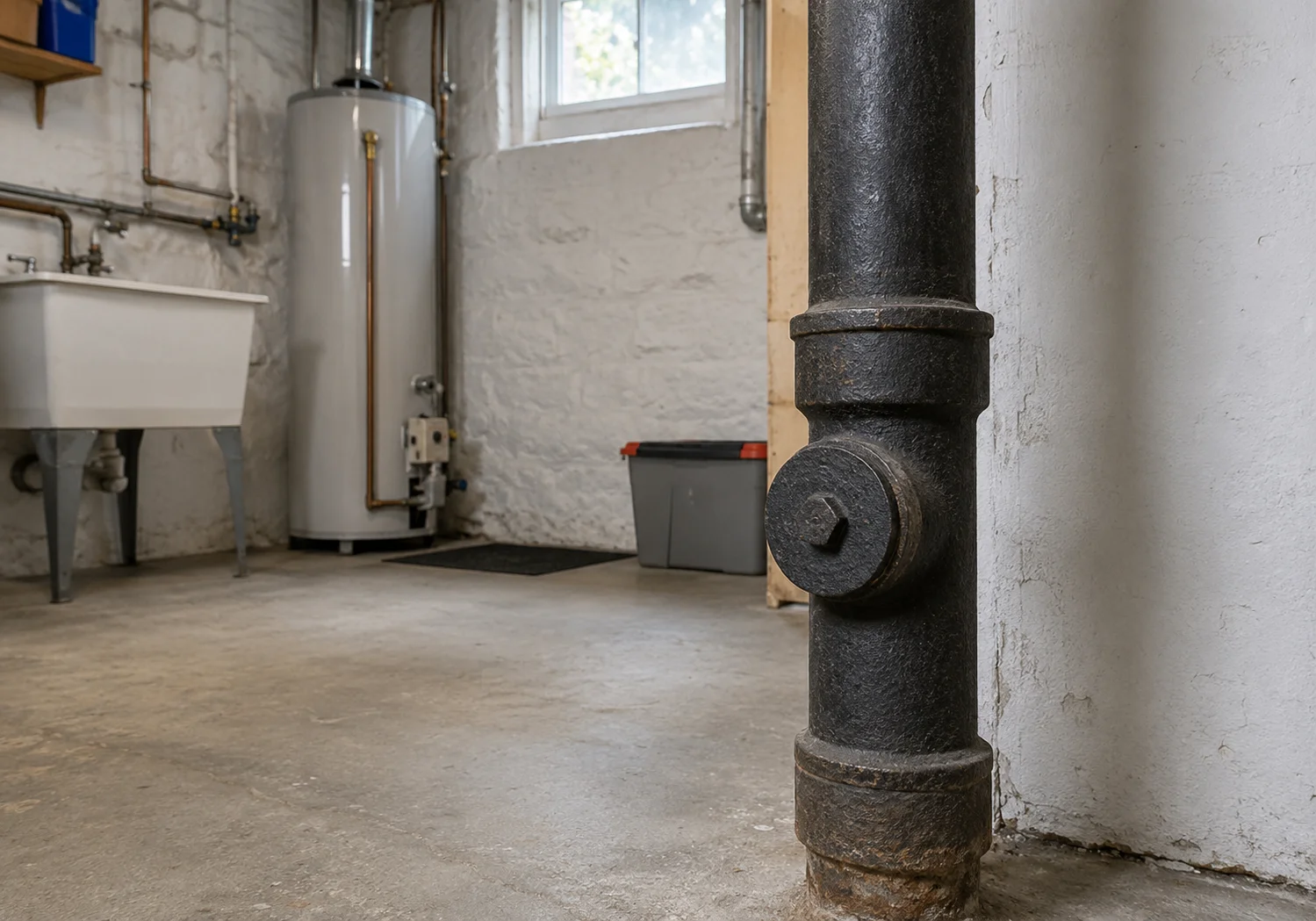 Basement utility area with a cleanout plug on a vertical cast iron drain pipe.