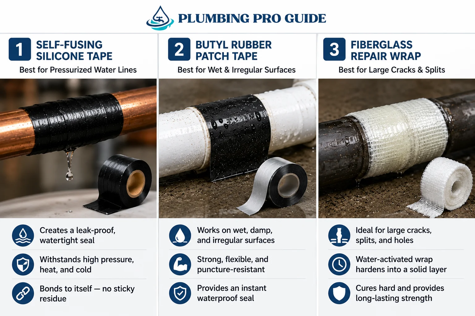 Comparison of self-fusing silicone tape, butyl rubber patch tape, and fiberglass repair wrap for repairing leaking pipes in residential plumbing systems.