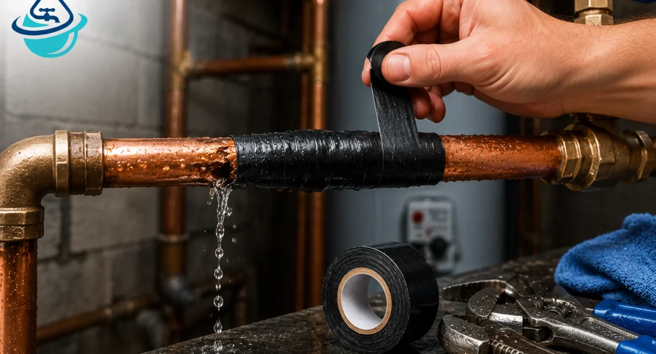 Self-fusing silicone tape wrapped around a leaking copper water pipe as a temporary emergency plumbing repair in a residential home.
