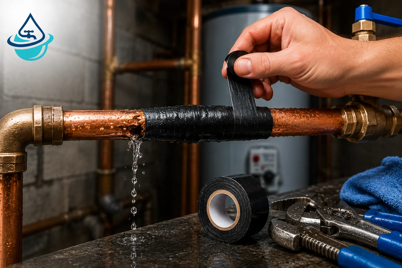 Self-fusing silicone tape wrapped around a leaking copper water pipe as a temporary emergency plumbing repair in a residential home.