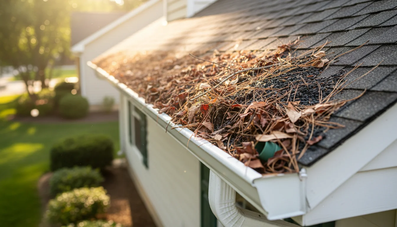 Clogged roof gutter with leaves before summer rain