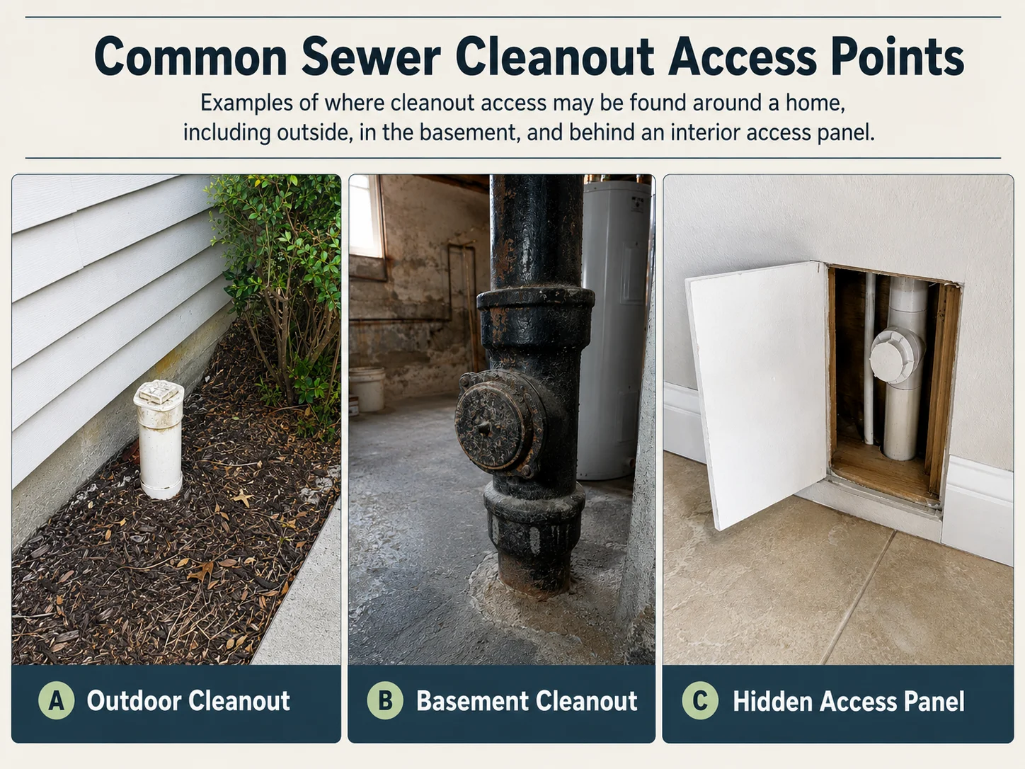 Common sewer cleanout access points showing outdoor, basement, and hidden wall panel cleanout locations.