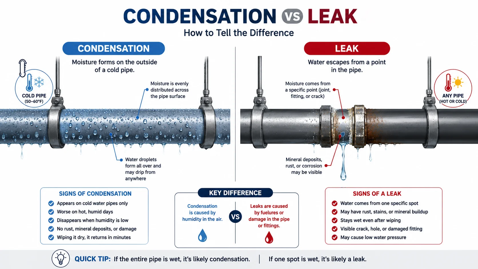 Side-by-side diagram comparing pipe condensation and a plumbing leak, showing evenly distributed water droplets on a cold pipe versus water leaking from a damaged pipe joint.