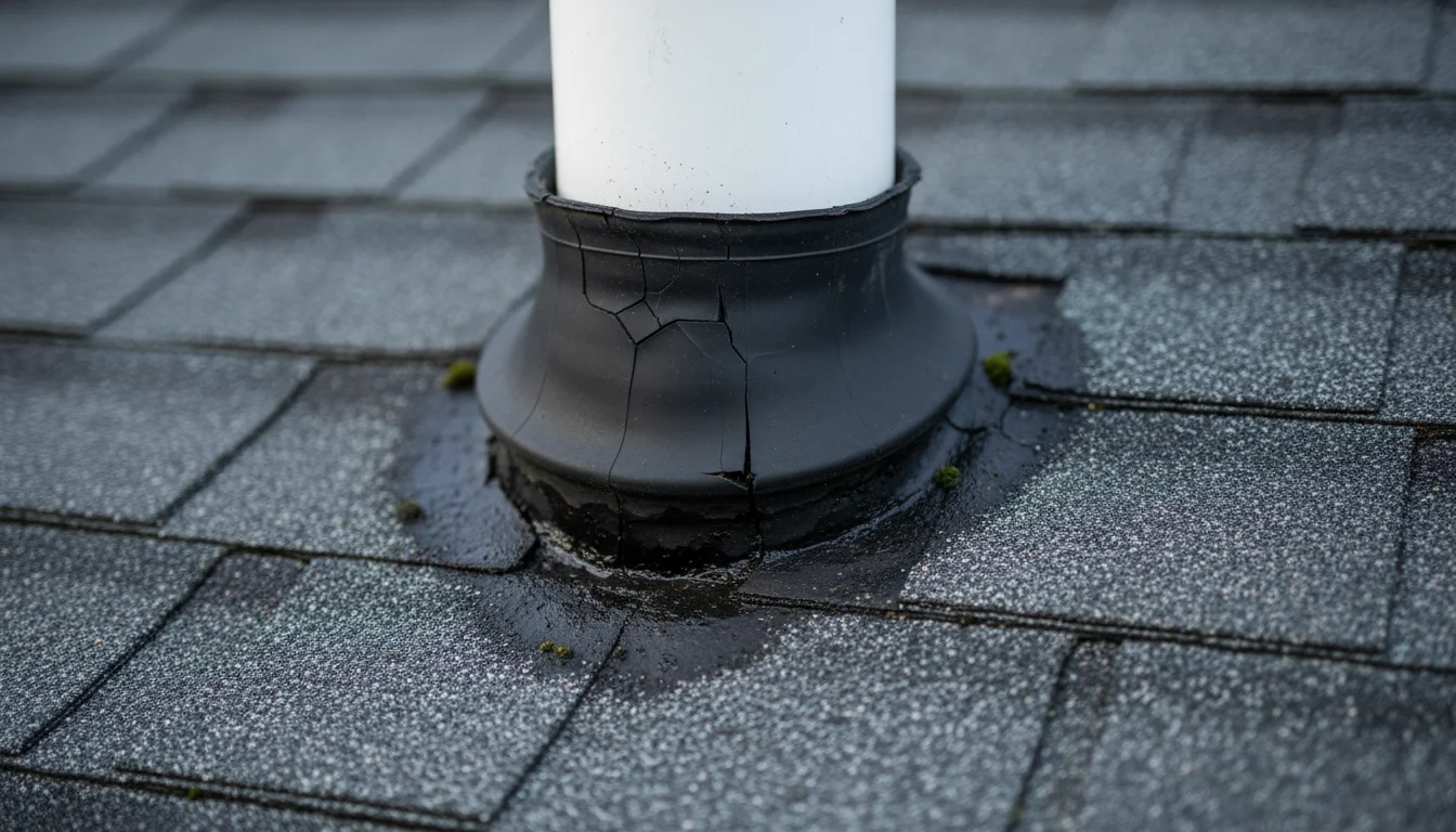 Cracked rubber boot around plumbing vent pipe on roof