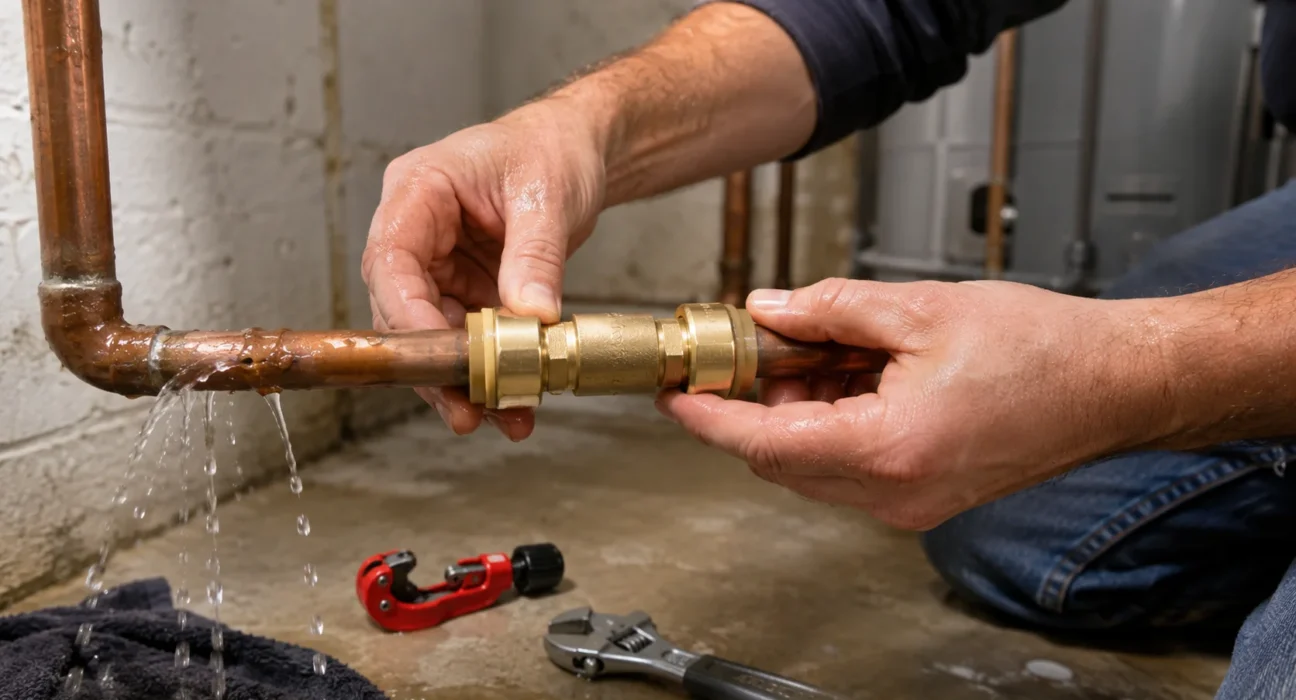 Homeowner installing a push-to-connect fitting to repair a leaking copper pipe without soldering in a residential basement.