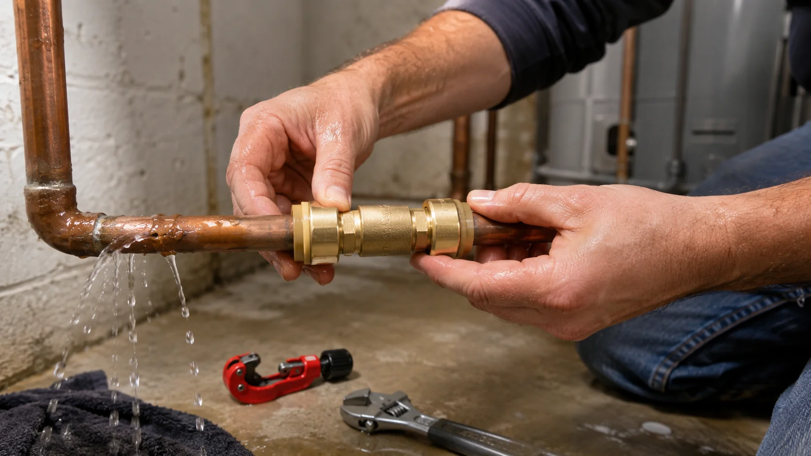 Homeowner installing a push-to-connect fitting to repair a leaking copper pipe without soldering in a residential basement.