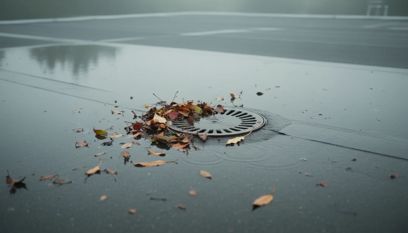 Flat roof drain with debris and standing water