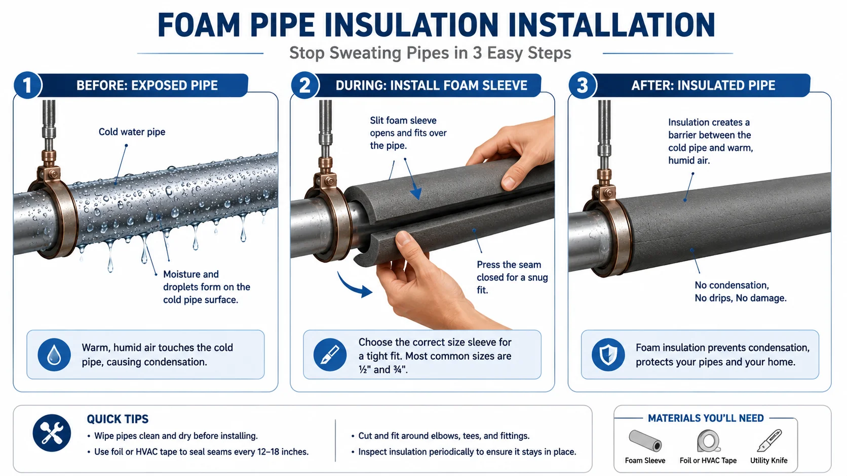 Step-by-step infographic showing how to install foam pipe insulation on a sweating cold-water pipe, including exposed pipe, foam sleeve installation, and fully insulated pipe with no condensation.