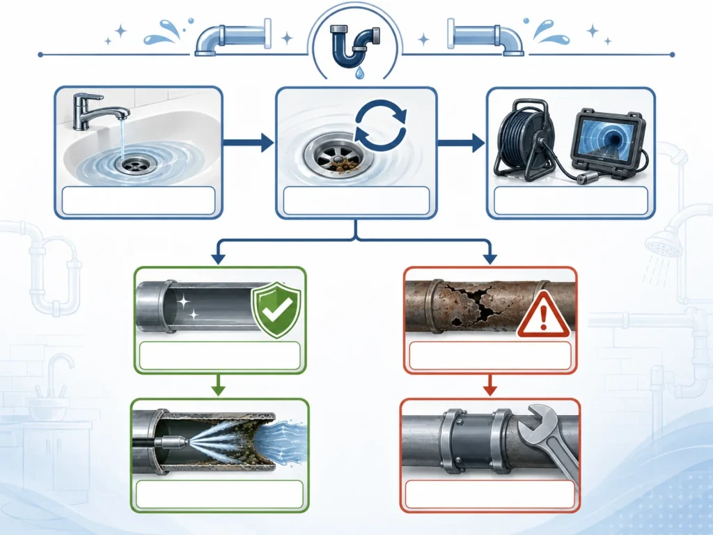 Hydro Jetting Decision Tree Decision-tree infographic showing a slow drain and repeat clog leading to camera inspection, then either hydro jetting for safe pipes or repair first for damaged pipes