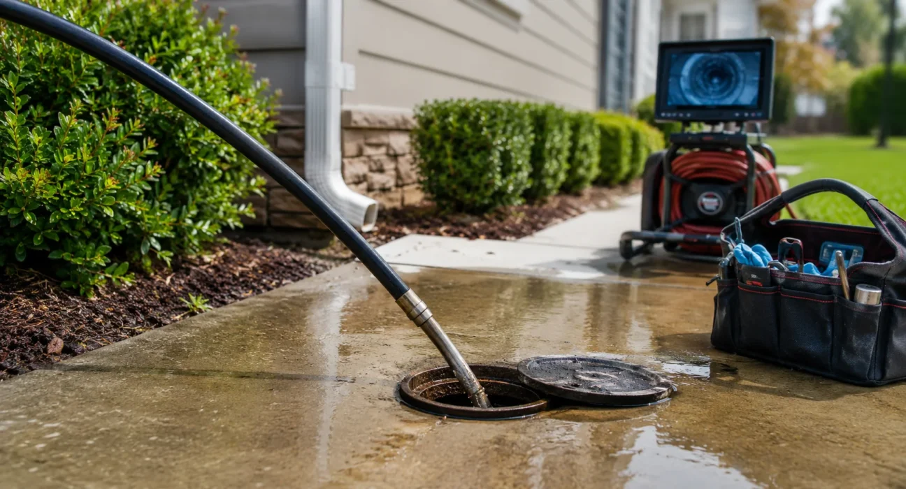 Professional hydro jetting hose entering an outdoor sewer cleanout beside a clean American home with a plumbing tool bag and sewer camera monitor nearby
