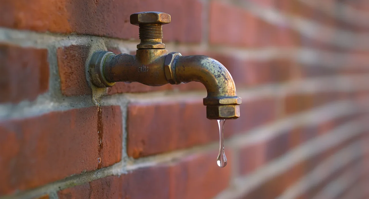 Leaking outdoor faucet dripping water from the spout, mounted on a brick exterior wall