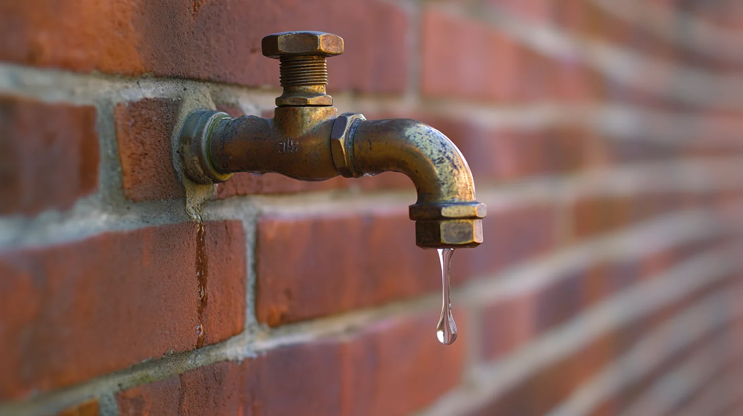 Leaking outdoor faucet dripping water from the spout, mounted on a brick exterior wall