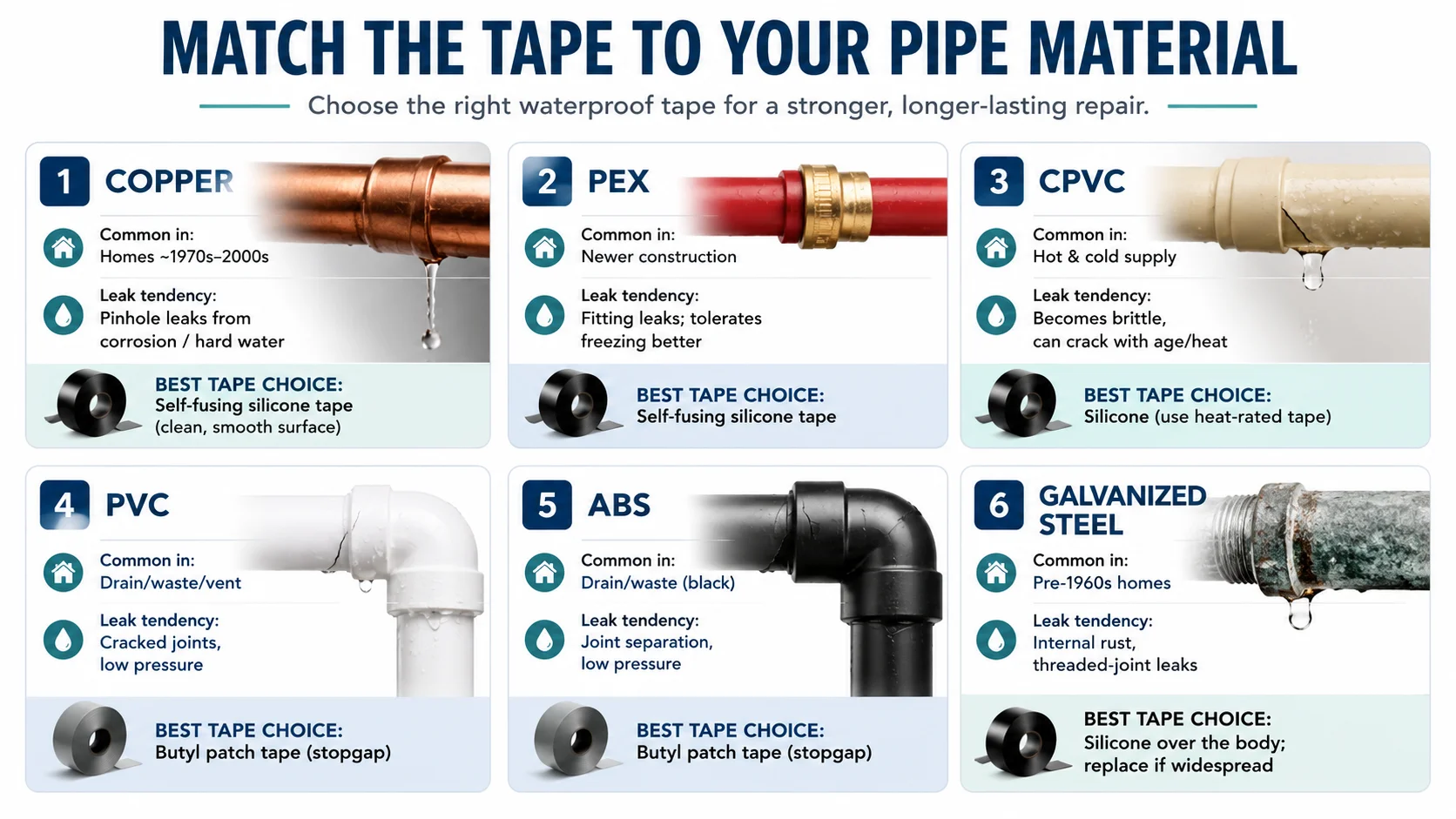 Infographic showing the best waterproof tape for copper, PEX, CPVC, PVC, ABS, and galvanized steel pipes based on common leak types and pipe material.