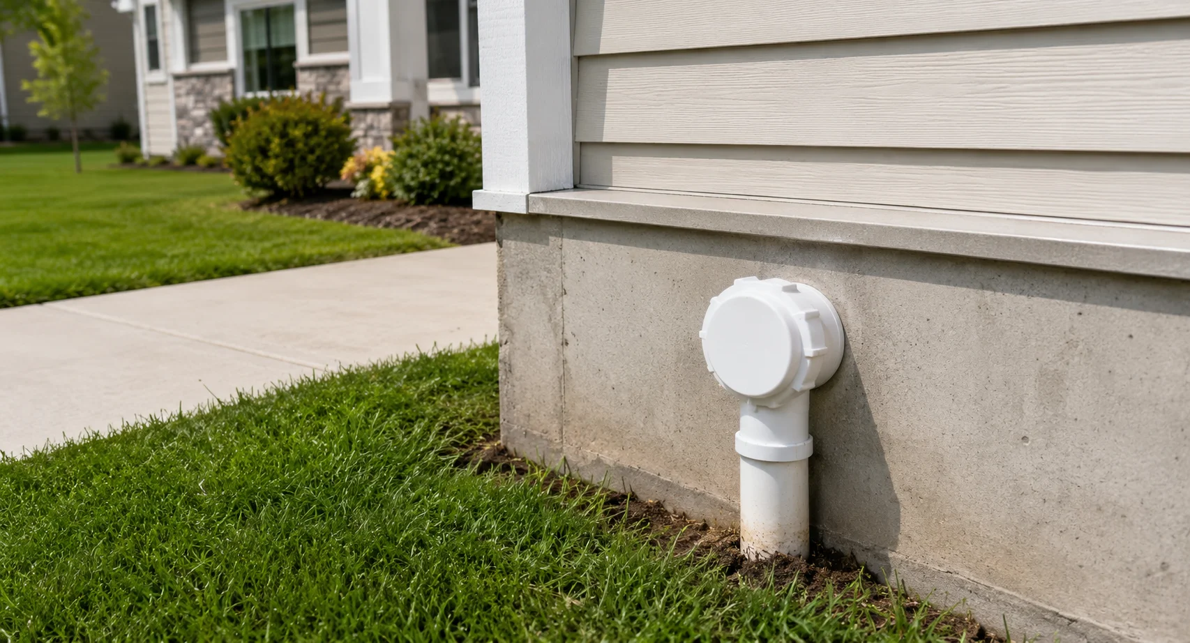 Outdoor PVC drain cleanout cap near a home foundation with grass and concrete walkway.